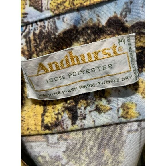 VINTAGE 70’s RARE AndHurst yellow & Blue medium Village Scenery Disco Print Shir - Picture 5 of 6